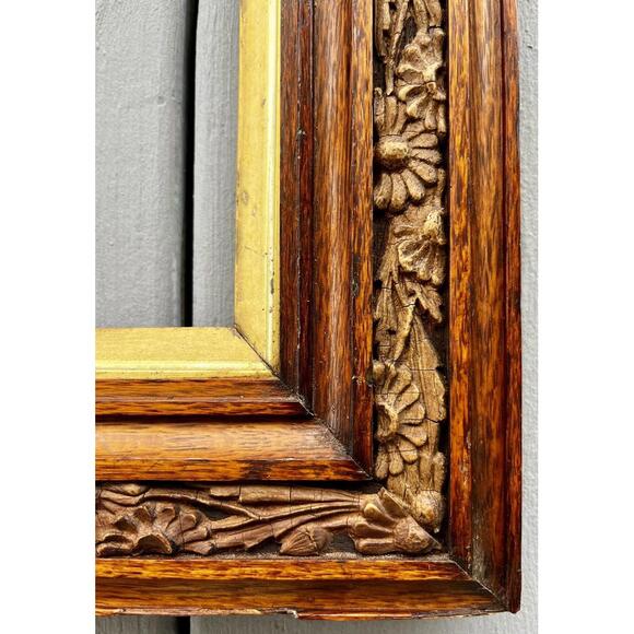 Antique LARGE Oak Wood Picture Frame Gold Gilt Victorian Mission Arts Crafts